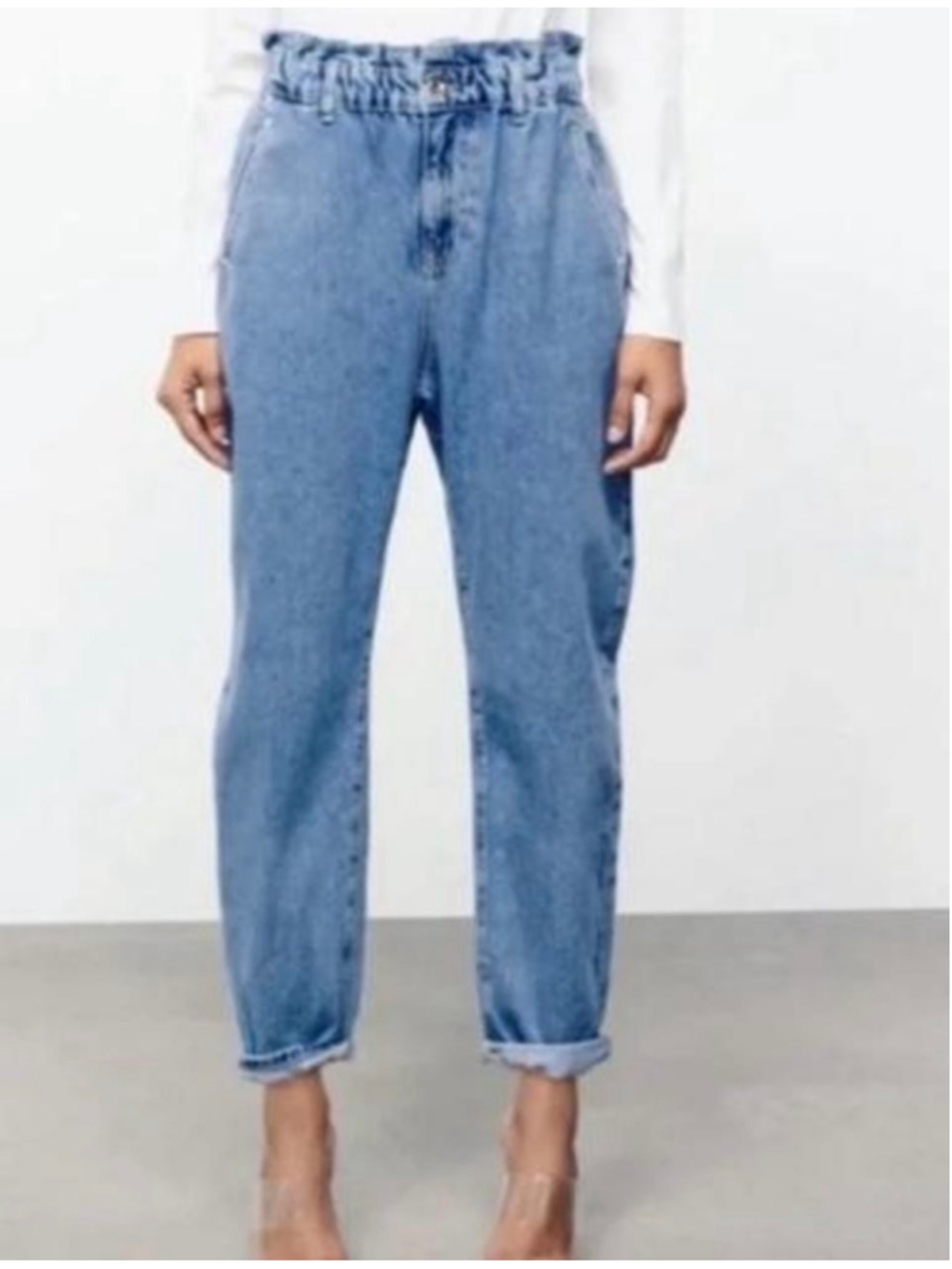 Women's Zara High Rise Paperbag Stretchy Waist Jeans Blue, Size 8 (runs big)